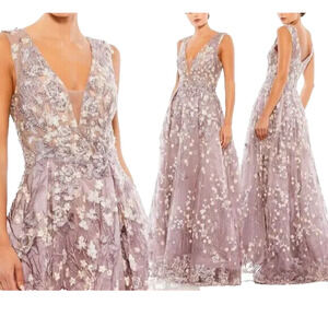 NWT Mac Duggal 20131 Floral Crystal Tulle Embroidered V-Neck Gown Dress LILAC 8